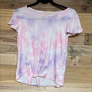 btween size 12 Pastel Pink and Lavender Tie-Dye Flutter Short Sleeve Knotted Top